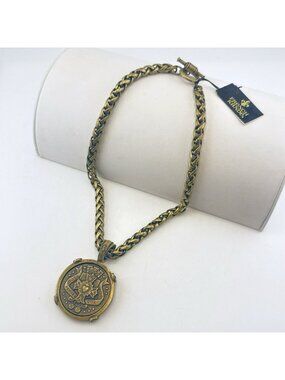 French Kande Necklace Sacred Heart Medallion Heraldic Chunky Brass Rhinestone
